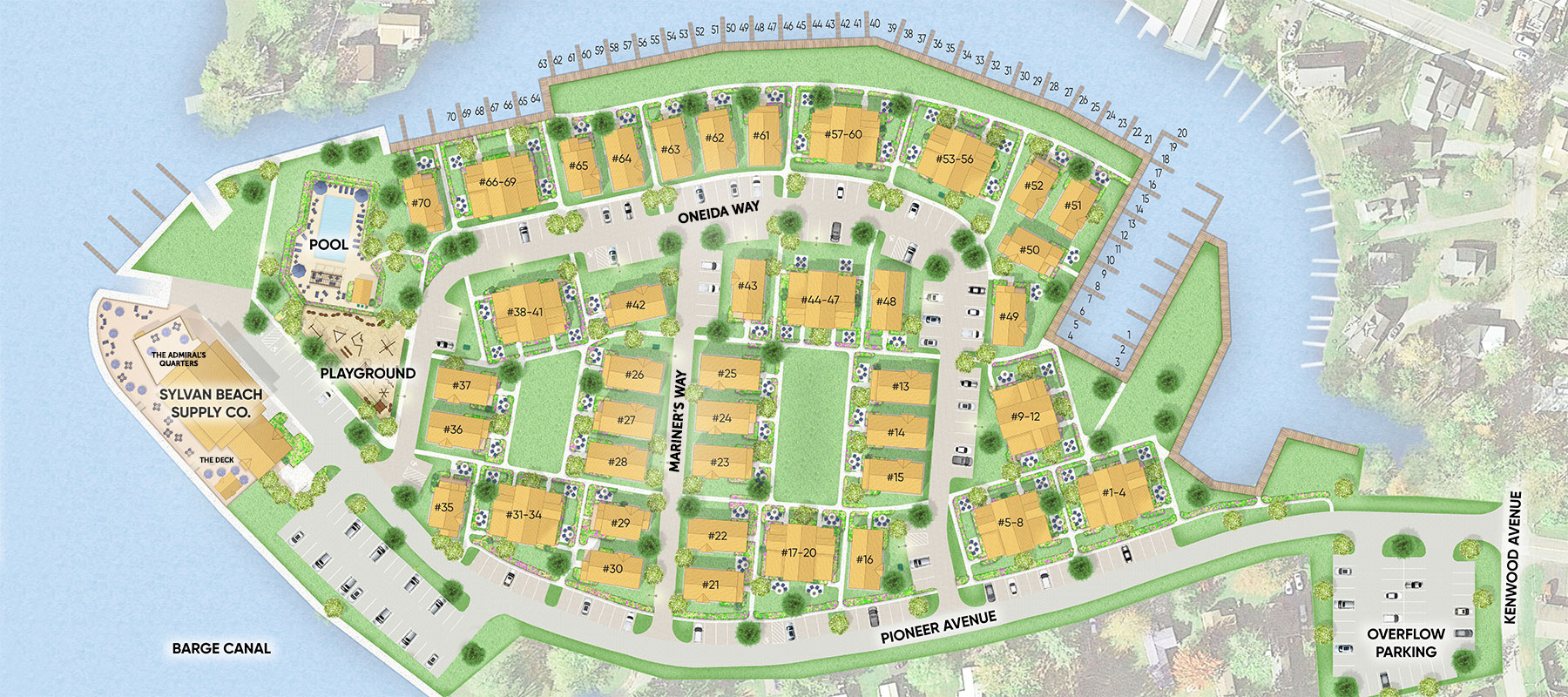 Map for our travel community showing locations of our vacation homes and cottage rentals at The Cove