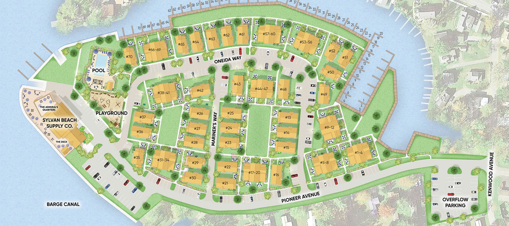 Map for our travel community showing locations of our vacation homes and cottage rentals at The Cove